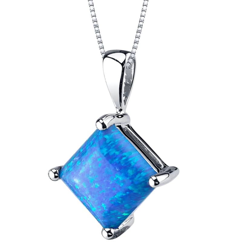 14k White Gold Gold Princess Cut Created Blue Opal Pendant
