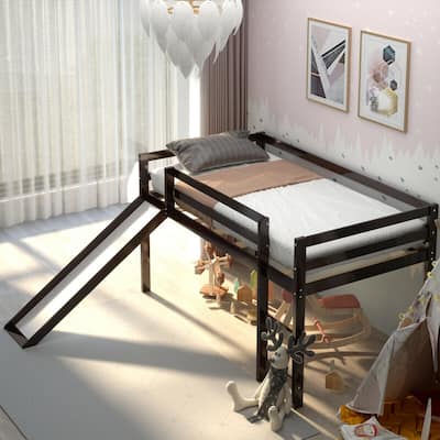 Gymax Twin Size Loft Bed with Slide Wood Low Sturdy Loft Bed for Kids
