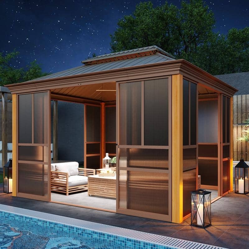 Outdoor Hardtop Sunroom Gazebo with Double Roof & Sliding Doors, All-Season Aluminum Outdoor Pergola, PE Screens&Lockable Design - 10' x 12'