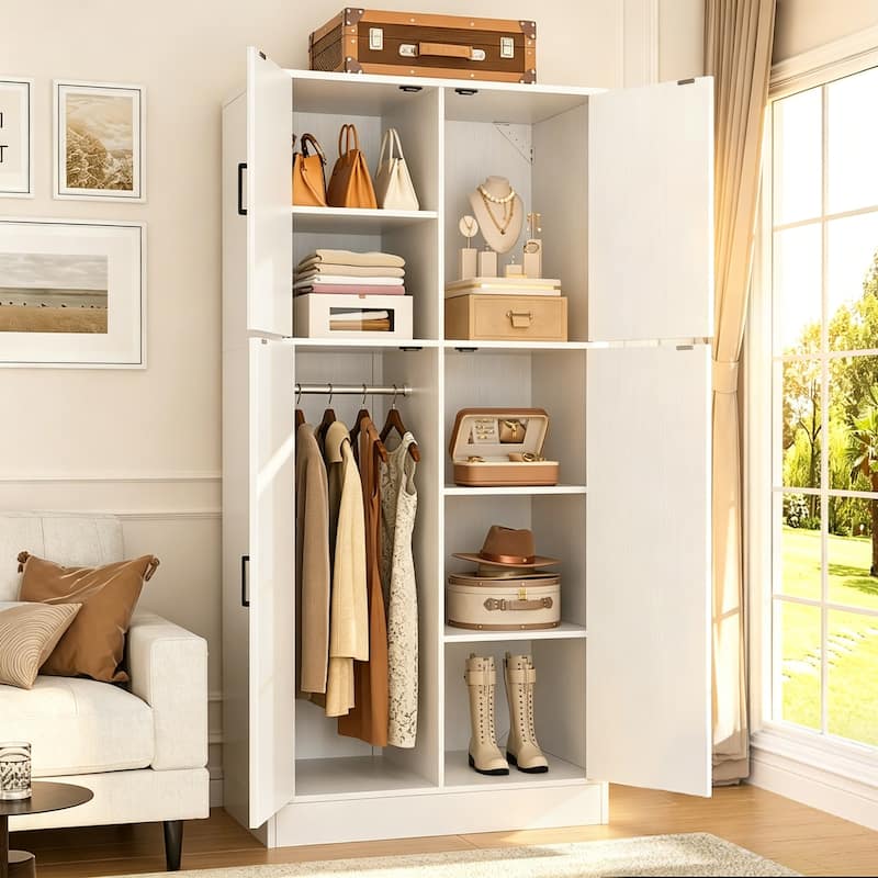 Armoires Wardrobes with 4 Doors, Farmhouse Closet Organizer Storage Bathroom Cabinet with Adjustable Shelves