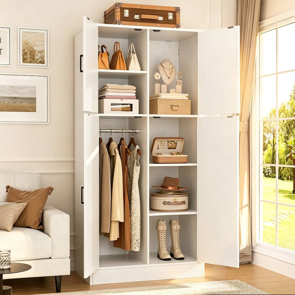 Armoires Wardrobes with 4 Doors, Farmhouse Closet Organizer Storage Bathroom Cabinet with Adjustable Shelves