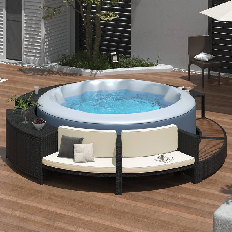 Spa Surround Patio Rattan Sofa Set with Storage, Cushioned Modular Sectional with Bench and Seats for Hot Tub, Backyard - Beige