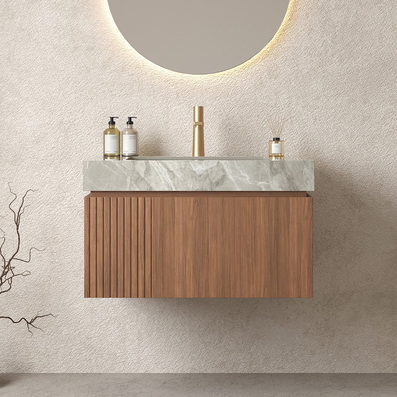 GDFStudio - Muri Modern 30" Floating Bathroom Vanity, Light Gray Sintered Stone Countertop with Ceramic Basin, WITHOUT Faucet