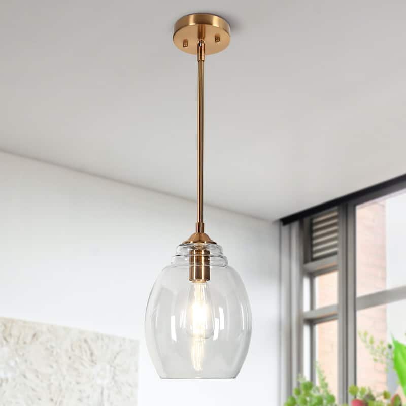 Mid-century Modern Gold 1-Light Bell Shaped Clear Glass Single Pendant Kitchen Island Lights - D 8'' x H 12''