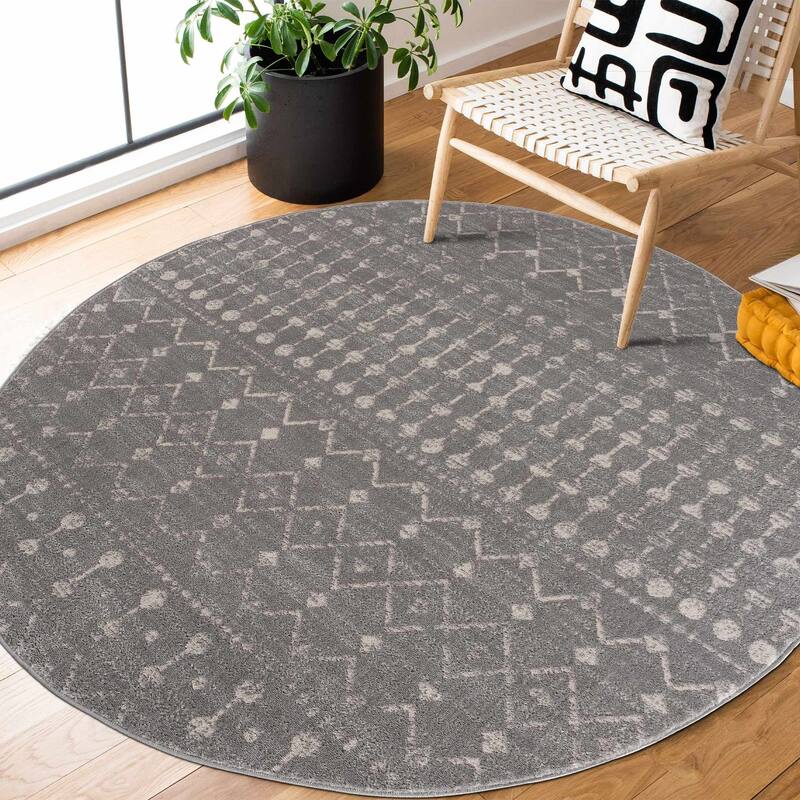 Tigris Tanu Moroccan Trellis Farmhouse Boho Area Rug - 6'7" Round - Light Grey, Ivory, Beige