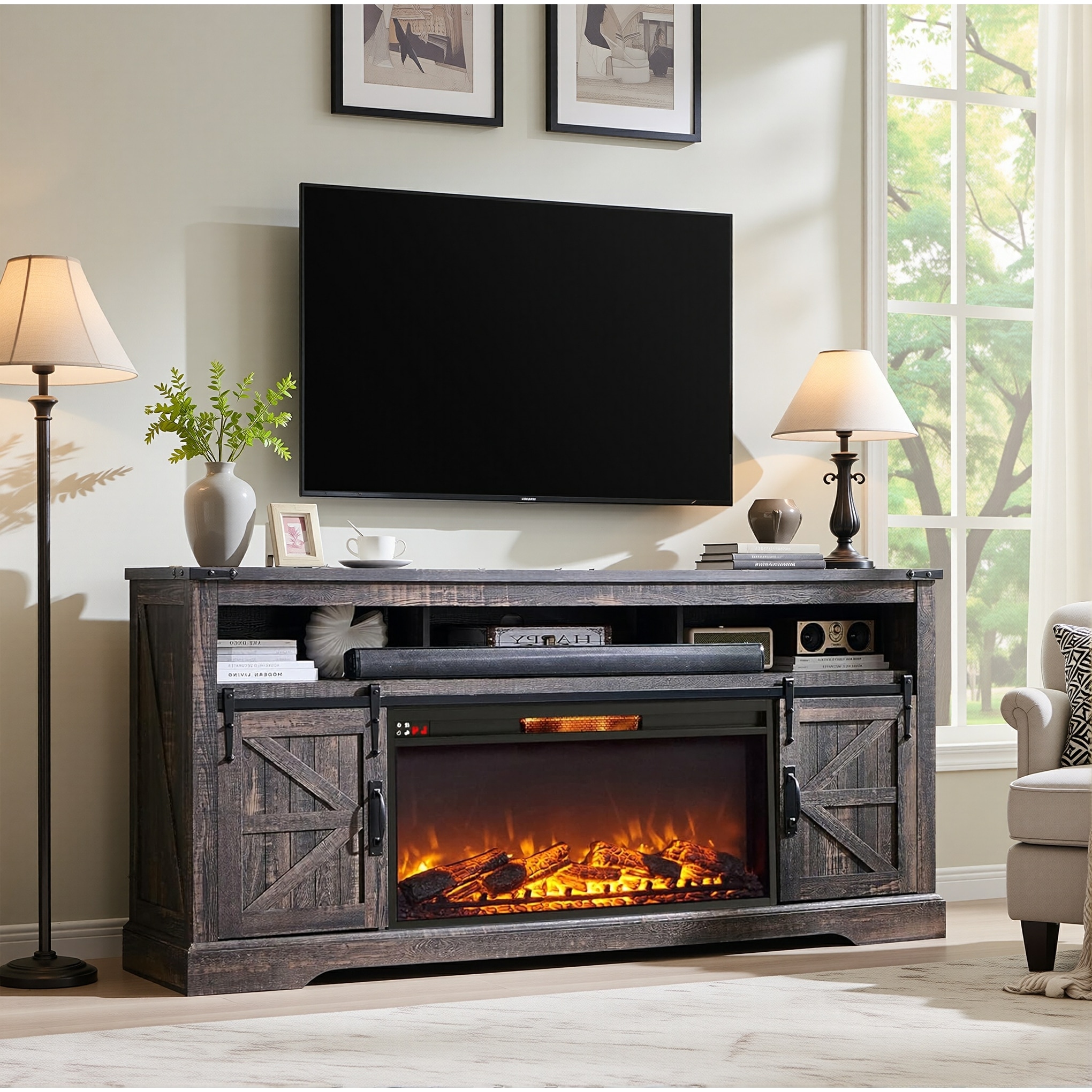 Fireplace TV Stand,Farmhouse Entertainment Center w/Sliding Barn Door