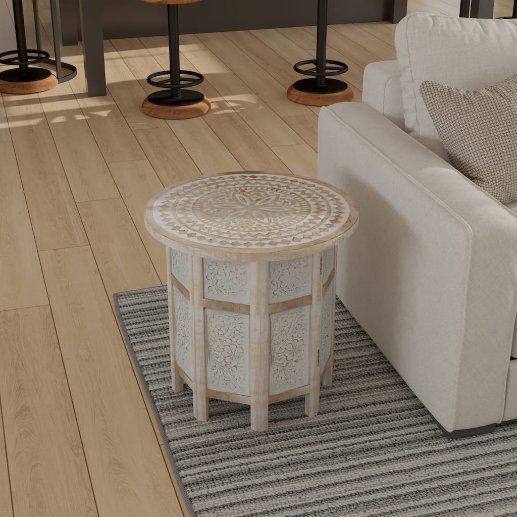 Accent Side Table, Mango Wood 18 Inch Round Top, Hand Carved Inlay Mandala Design, Washed White