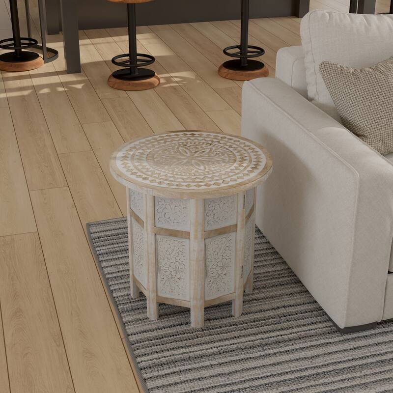 Accent Side Table, Mango Wood 18 Inch Round Top, Hand Carved Inlay Mandala Design, Washed White - Washed White
