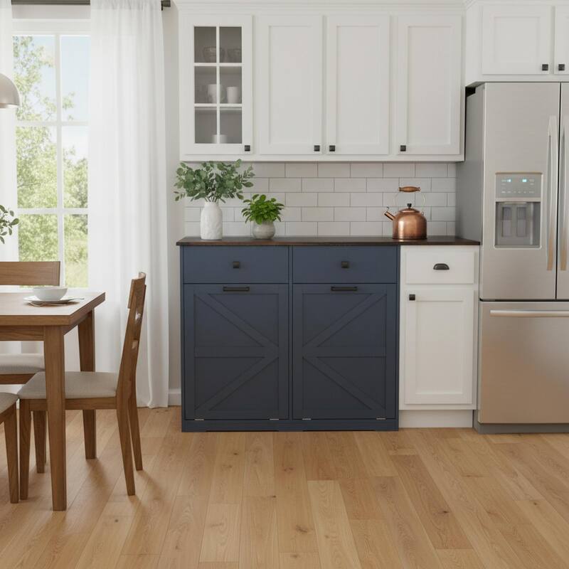 Homy Casa Farmhouse Double Tilt-Out Trash Cabinet, 20/10 G Recycling Bin, Barn Door Laundry Sorter with Drawer, Kitchen Tilt Out