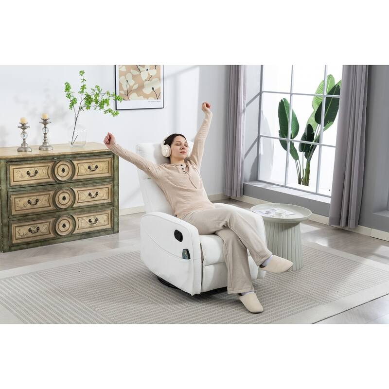 270° Swivel Glider Recliner with Heated Massage, 300LBS Velvet Recliner with Locking Handle & Deep Side Storage - White