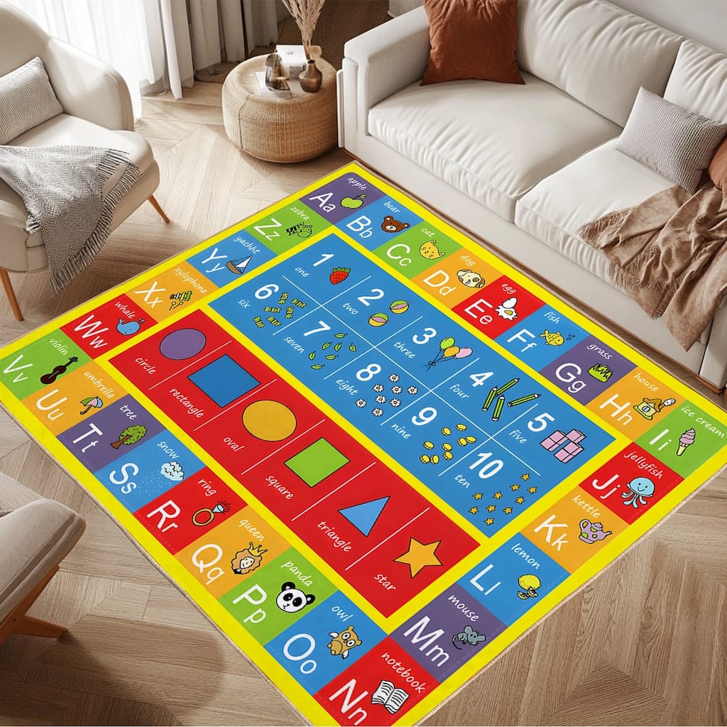 ABC Alphabet, Numbers and Shapes Educational Game Play Area Rug for Children Bedroom, Toddler Classroom and Baby Playroom Mat