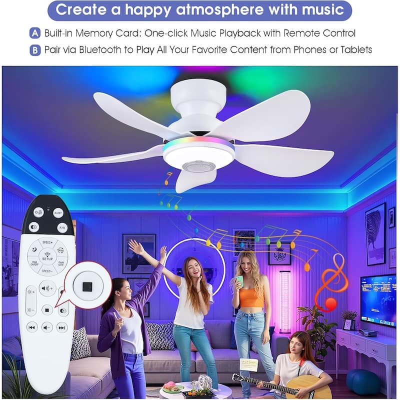 Kviflon 36/46 inches RGB Flush Mount Ceiling Fan with Light and Remote and Speaker-White