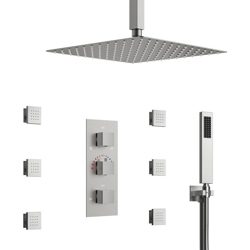 Thermostatic Shower System 12" Rain Shower Head with High Pressure Handheld Spray