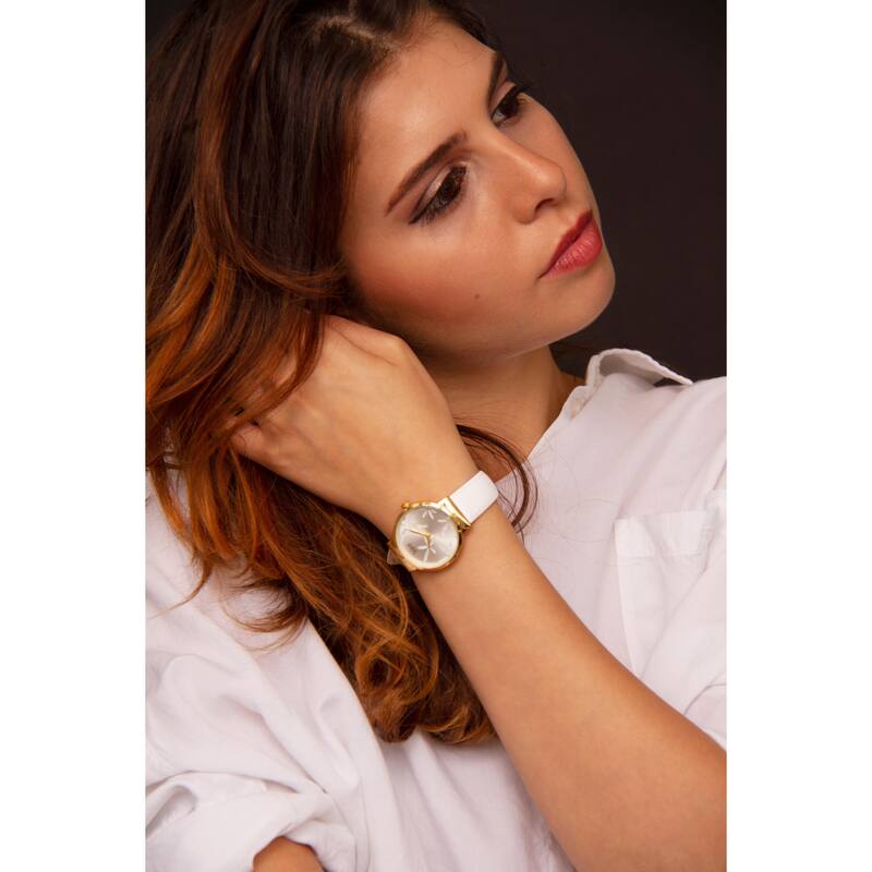 Burgi Ladies Sparkling Floral White Leather Strap Watch