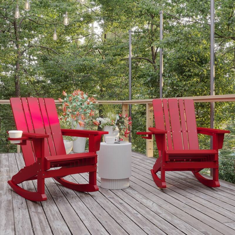 All-Weather Rocking Adirondack Chair with Swiveling Cupholder - Red