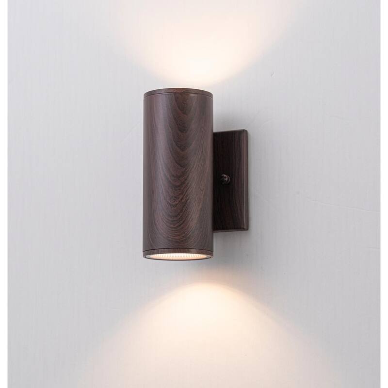 2 - Light Modern Industrial LED Outdoor Wall Sconce - 7 in. H - Walnut