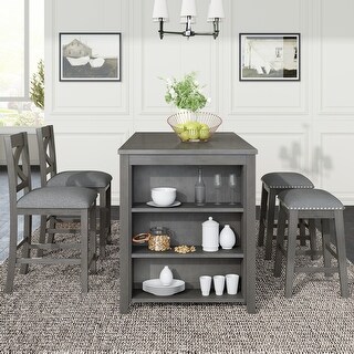 5 Pieces Counter Height Rustic Farmhouse Dining Room Wooden Bar Table ...