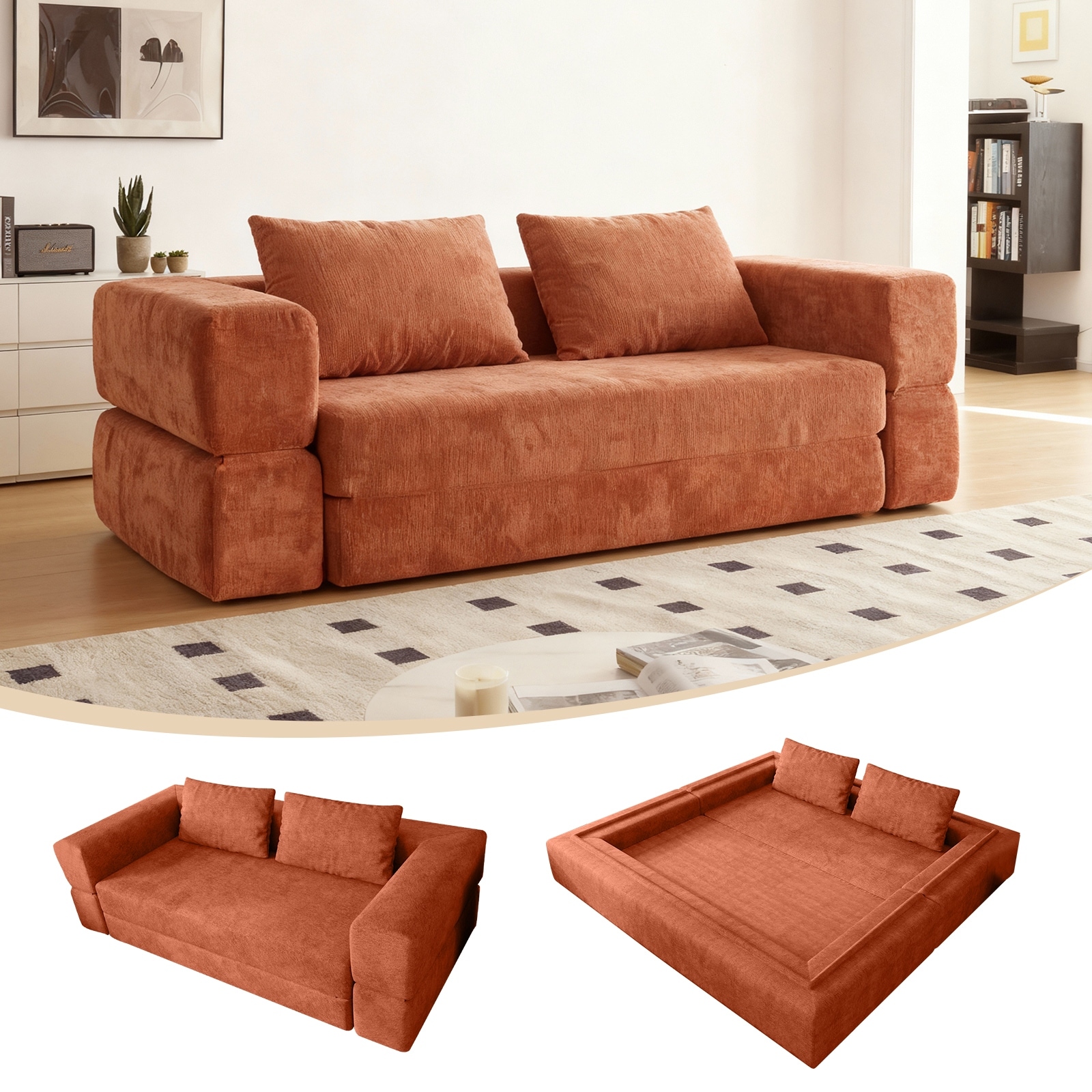 Convertible Memory Foam Sofa Bed, Folding Floor Couch Sleeping Mattress, Chenille Lounge Chair with Pillow and Cushions