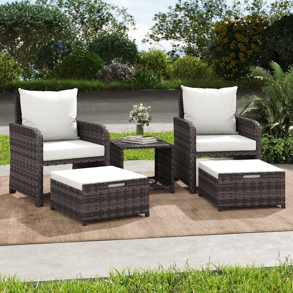 5 Pieces Patio Chair Ottoman Conversation Set with Cushions Table