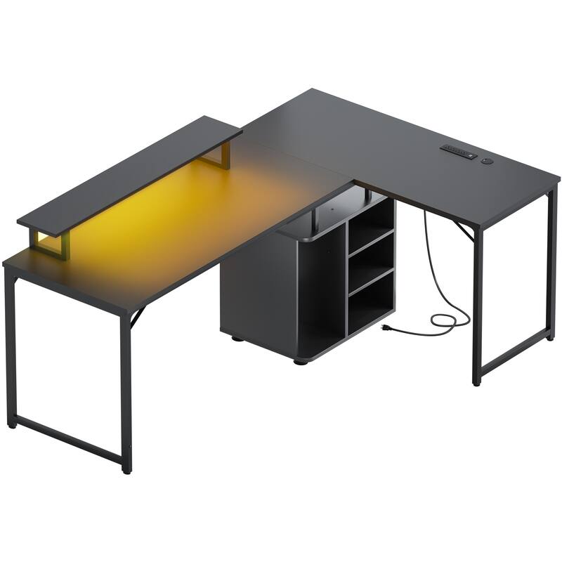 58.3'' L-Shaped Gaming Desk with Storage Cube, Office Computer Table with USB Ports and LED Lights