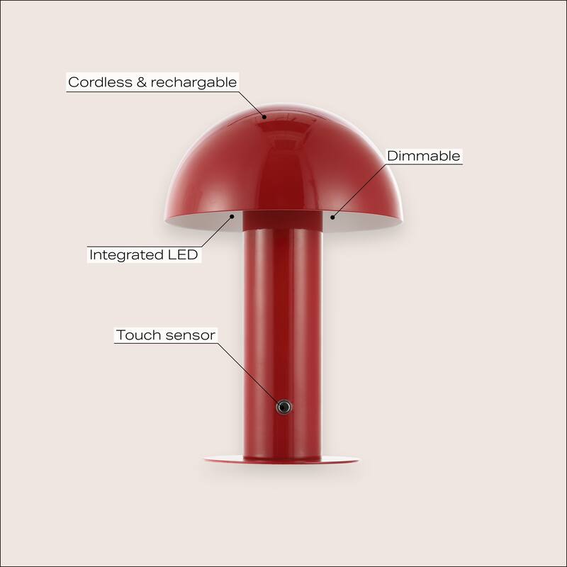 Porcini 10.75" Contemporary Bohemian Rechargeable/Cordless Iron Integrated LED Mushroom Table Lamp, by JONATHAN Y
