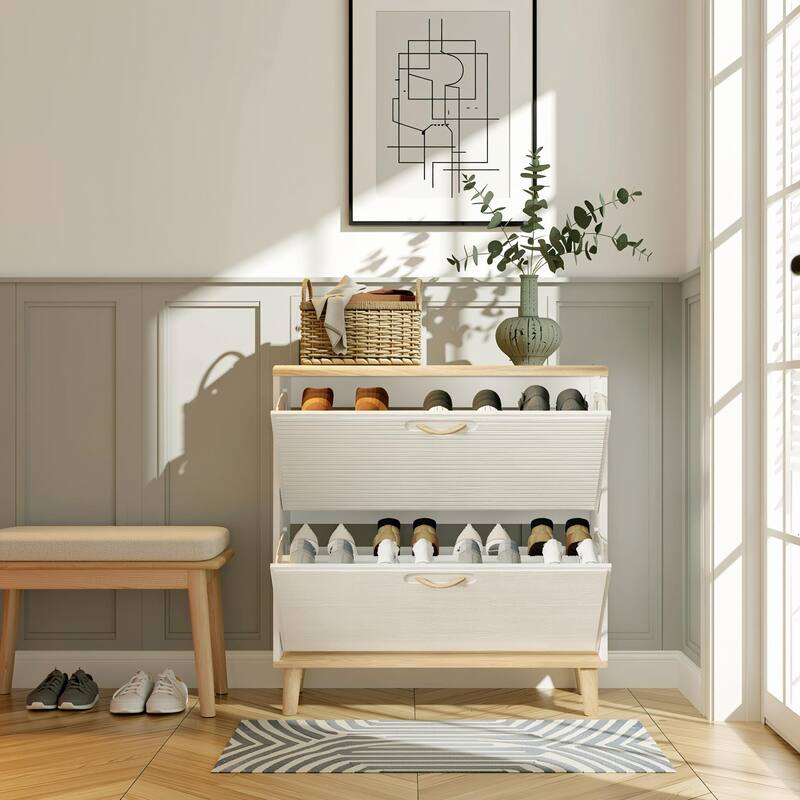 Homy Casa Compact Shoe Storage Bench 2 Flip Doors 2 Drawers, White