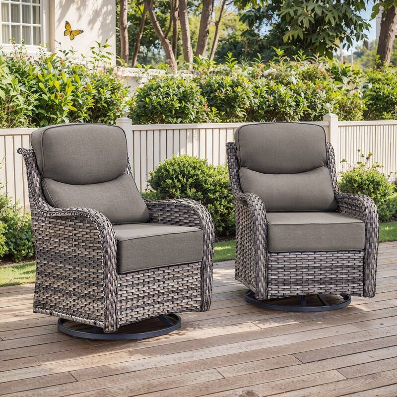 Outdoor Swivel Wicker Patio Chairs Set of 2 - Swivel Chair - Grey Rattan - Grey Cushion