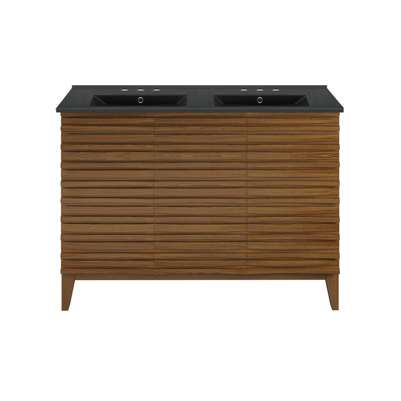 Cascade 48 In. Brown Oak, Double Basin Bathroom Vanity With Black, 3-Hole Ceramic Sink Top