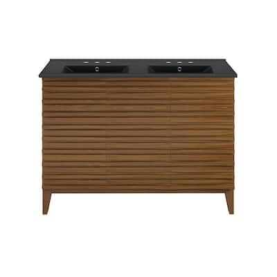 Cascade 48 In. Brown Oak, Double Basin Bathroom Vanity With Black, 3-Hole Ceramic Sink Top