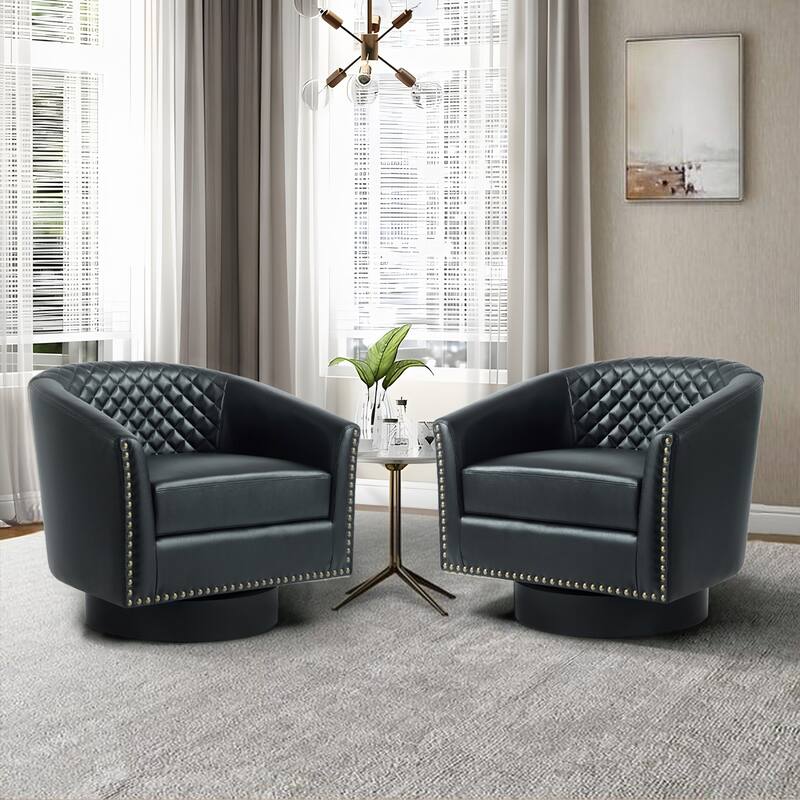 2 Set Tufted PU Vegan Leather Swivel Barrel Chair with Nailheads Trim - Black