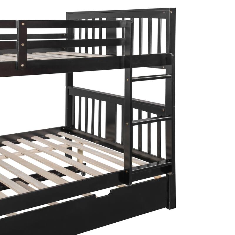 Full Size Wood Bunk Bed with Twin Size Trundle and Ladder, Divided Into 2 Individual Beds, Full Over Full Bunk Bed Frame