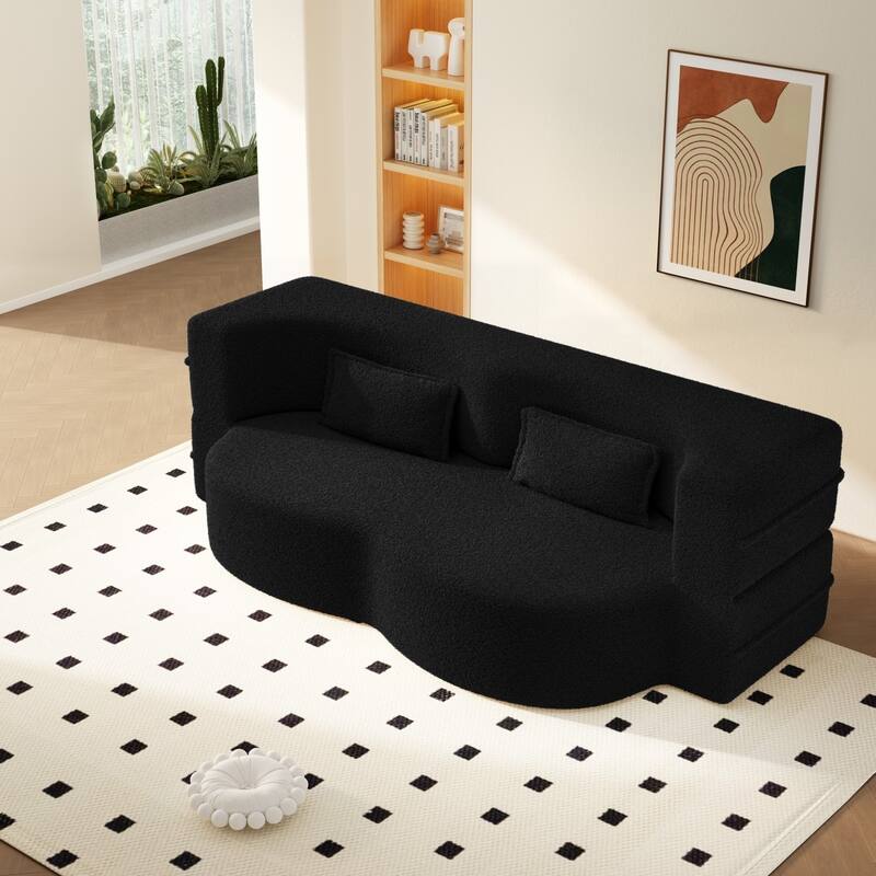 78" Convertible Teddy Fabric Sofa with 2 Pillows, No Assembly Required - Black