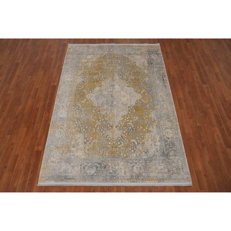 Machine Made Oriental Polyester Carpet Traditional Medallion Yellow & Gold Tabriz Area Rug - 7' 5'' X 5' 2''