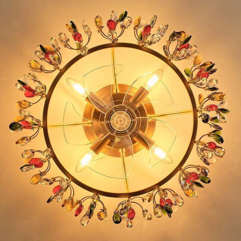 23" Modern Gold Flush Mount Crystal Ceiling Fan with Light and Remote
