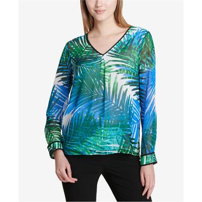 Calvin Klein Womens Tropical Pleat Peasant Blouse,, Blue, X-Small
