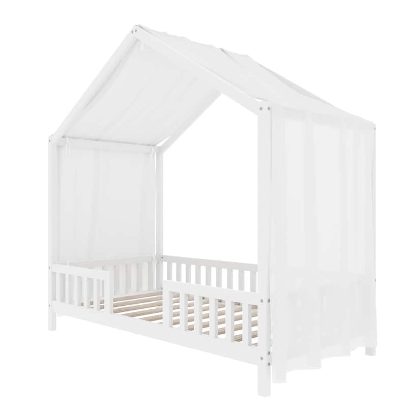Montessori Toddler Bed Kids House Bed with Airy Canopy, Wood Bed Frame Bed Tent with 4 Full Guardrails, No Box Spring Needed