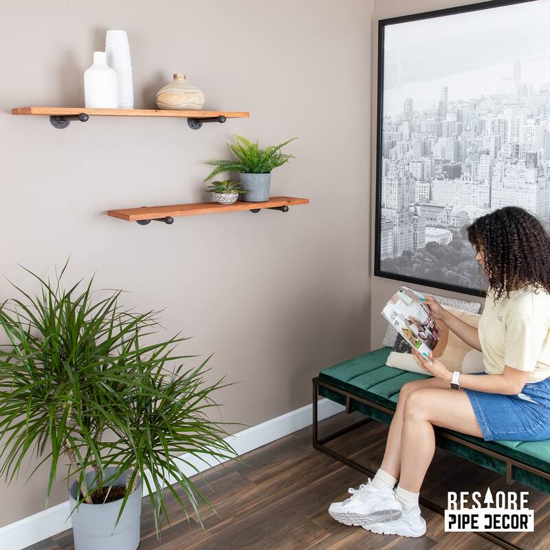 PIPE DECOR 36" Solid Wood Wall Shelves with Rustic Black Industrial Steel Pipe Brackets, Set of 2