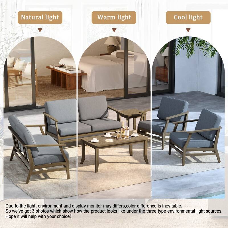 6-Seat Outdoor Teak Wood Patio Conversation Set with Cushions Tables