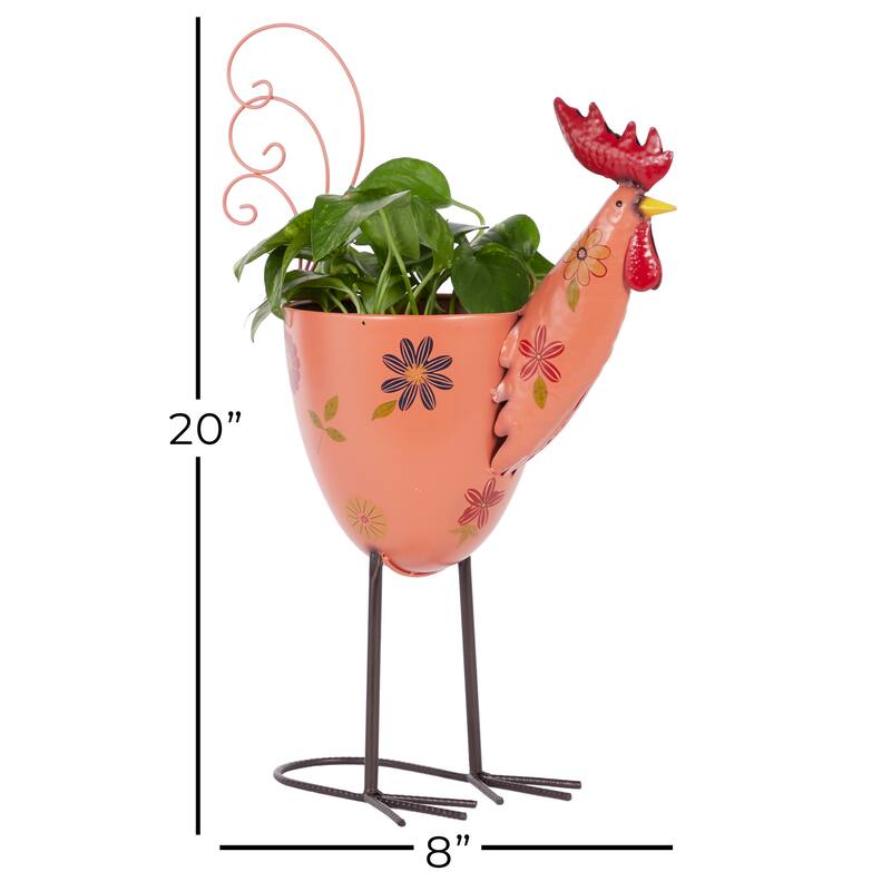 Pink Metal Rooster Indoor Outdoor Planter with Floral Pattern Planter