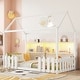 preview thumbnail 1 of 14, Twin Size Wood House Bed with LED Light, Storage Bookshelf and Guardrails