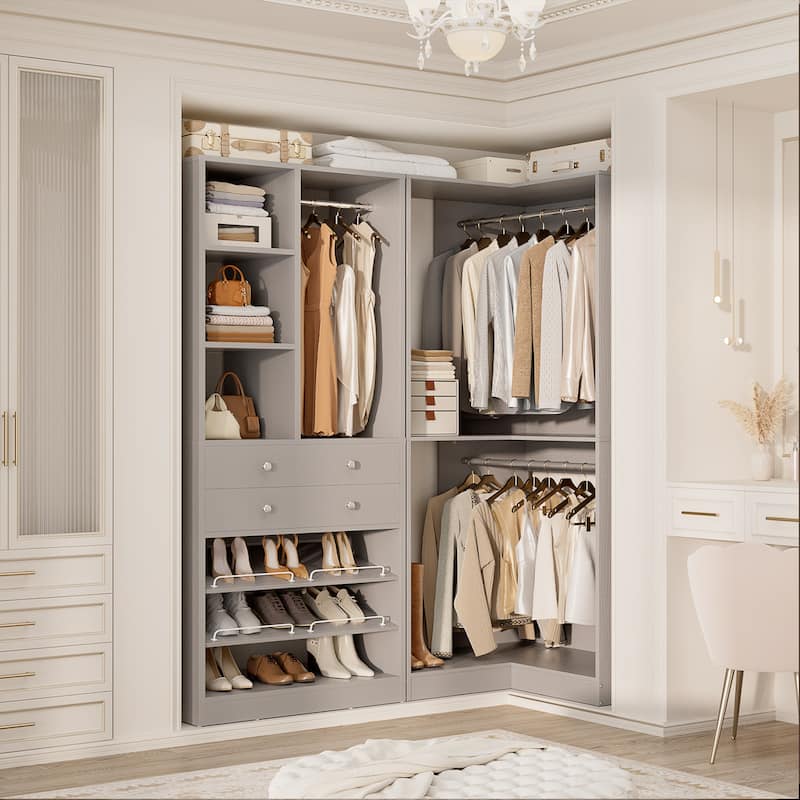 Grimm Set of 2/ 3 Coner Closet System with Shoe Racks and Drawers, Freestanding Closet Organizer with Hanging Rods and Shelves - Set of 2 - Grey