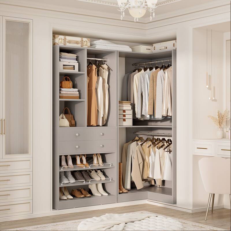 Set of 2/ 3 Coner Closet System with Shoe Racks and Drawers, Freestanding Closet Organizer with Hanging Rods and Shelves
