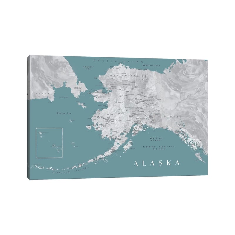 iCanvas "Gray And Teal Watercolor Detailed Map Of Alaska" by blursbyai Canvas Print