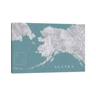 iCanvas "Gray And Teal Watercolor Detailed Map Of Alaska" by blursbyai Canvas Print