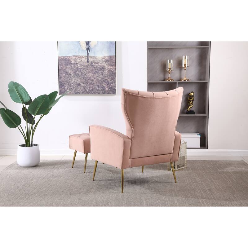Pink Velvet Lounge Chair Office Chair with Footrest, Minimalist Reading Chair Reception Chair with Wing Backrest