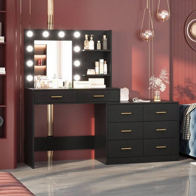 61" Makeup Vanity Desk with Mirror and Lights, 8 Drawers, 2 Shelves