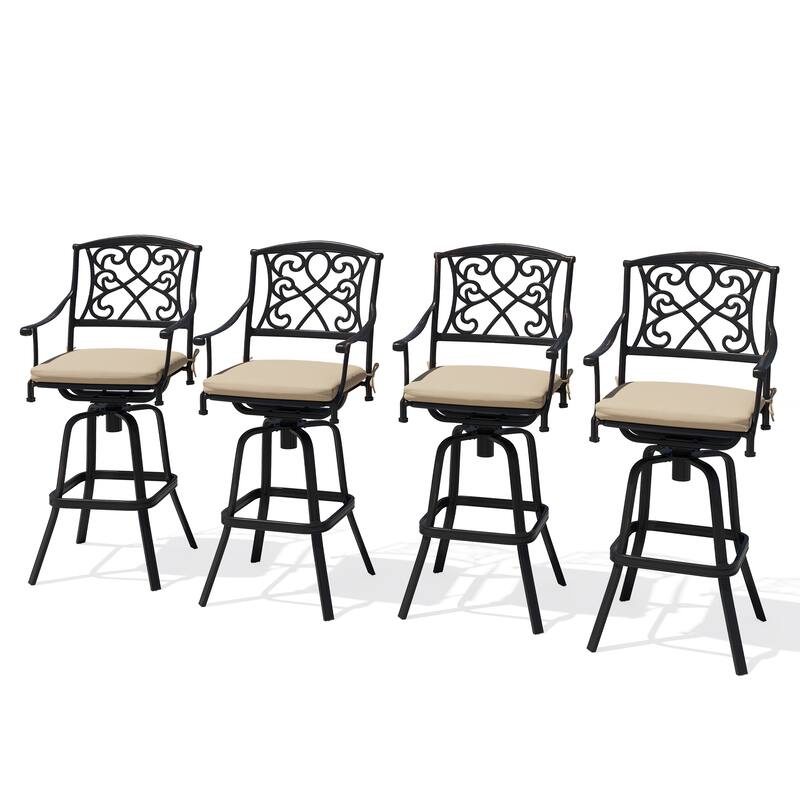 Set of 2/4 Outdoor Cast Aluminum Swivel Bar Stools with Sunbrella Fabric Cushion - Canvas Antique Beige - 4PC