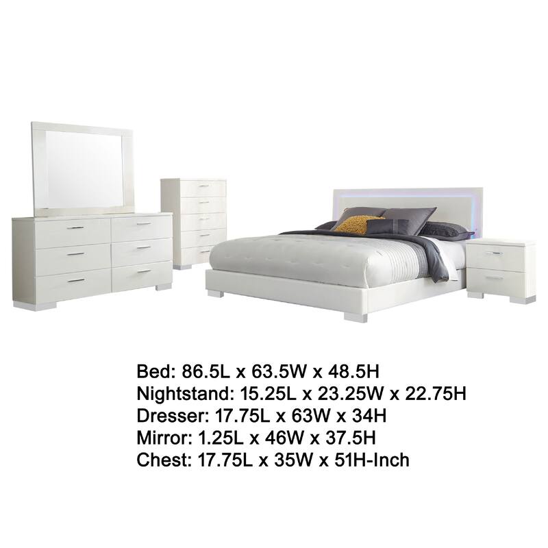 Sok 5pc Queen Bedroom Set, Faux Leather Upholstery, High Gloss White