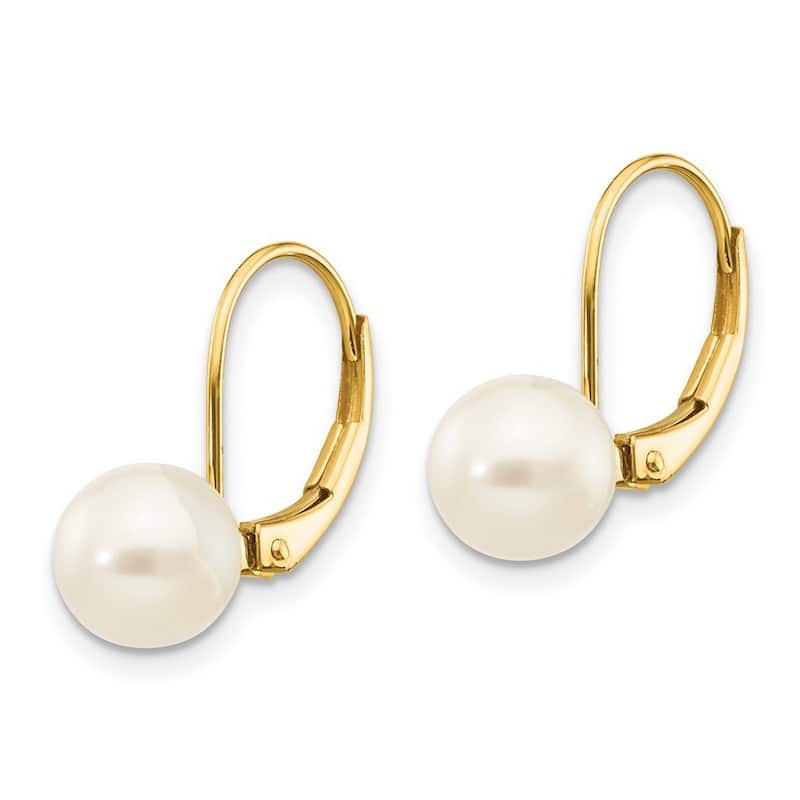 Curata 14k Yellow Gold 7 7.5mm Freshwater Cultured Pearl Leverback Earrings (17x7.5mm)