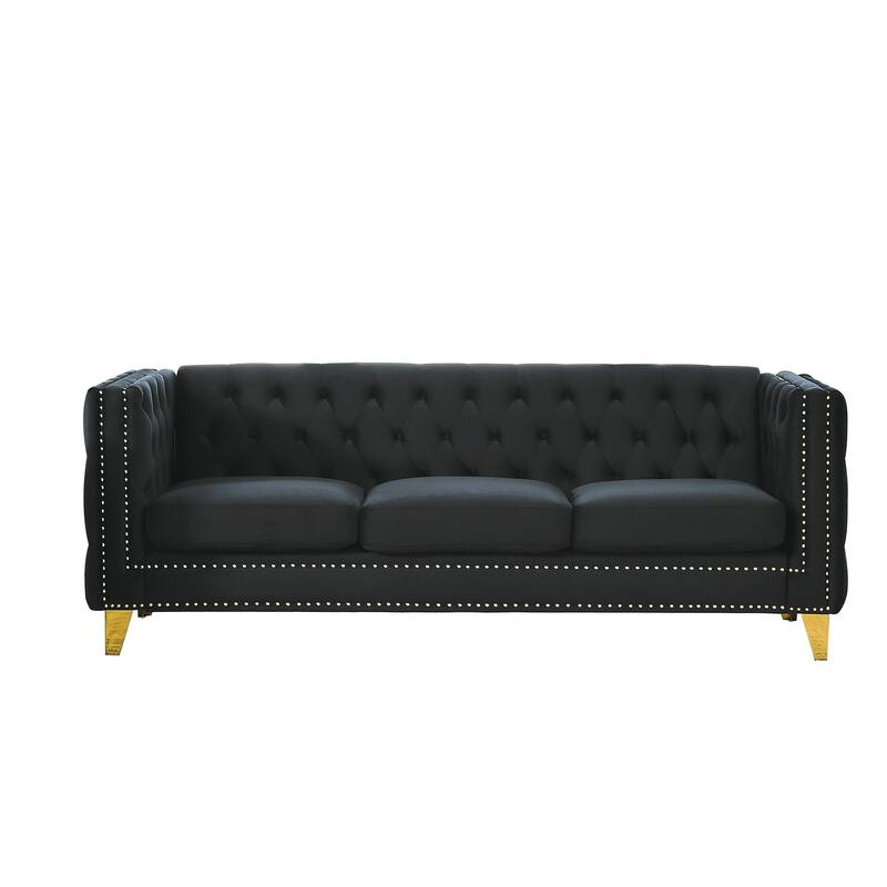 Modern Velvet Sofa Couch Upholstered Button and Metal Legs